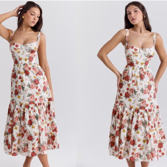 HOUSE OF CB 'Elia' Italian Rose Print Cotton Midi Sundress NWOT - Picture 1 of 4
